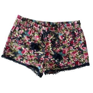 Linen Blend Floral Fringe Trim Pull On Shorts Size M Navy Blue Pink Green Beachy